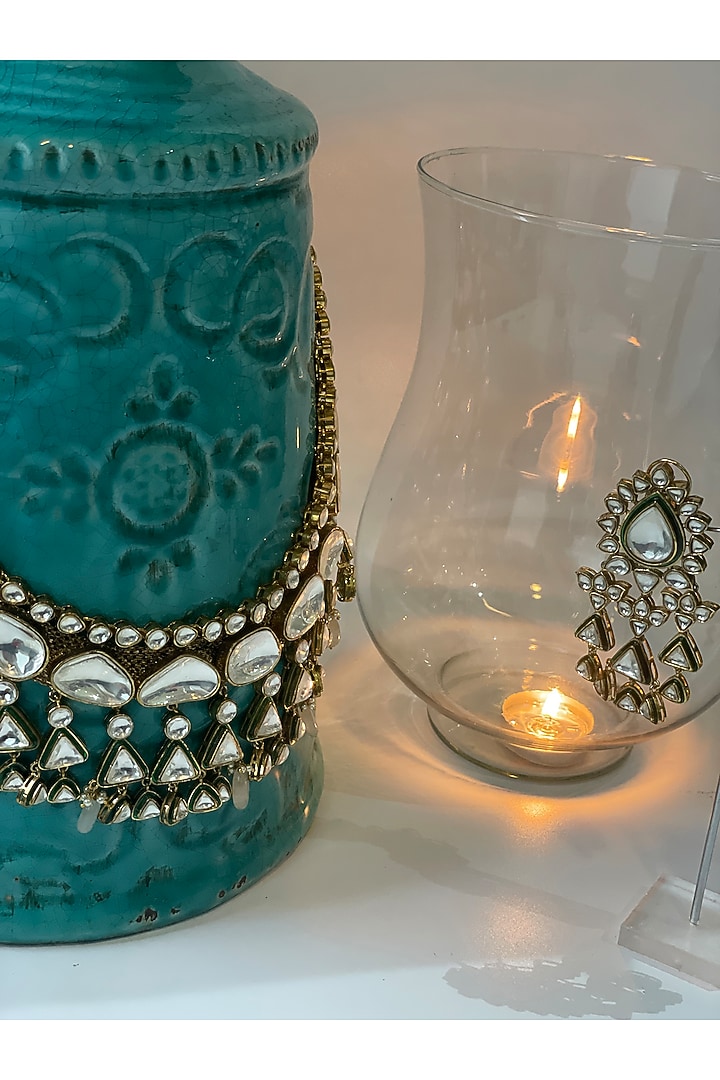 Gold Finish Kundan Polki & Pastel Beaded Long Necklace Set by Studio6 Jewels at Pernia's Pop Up Shop