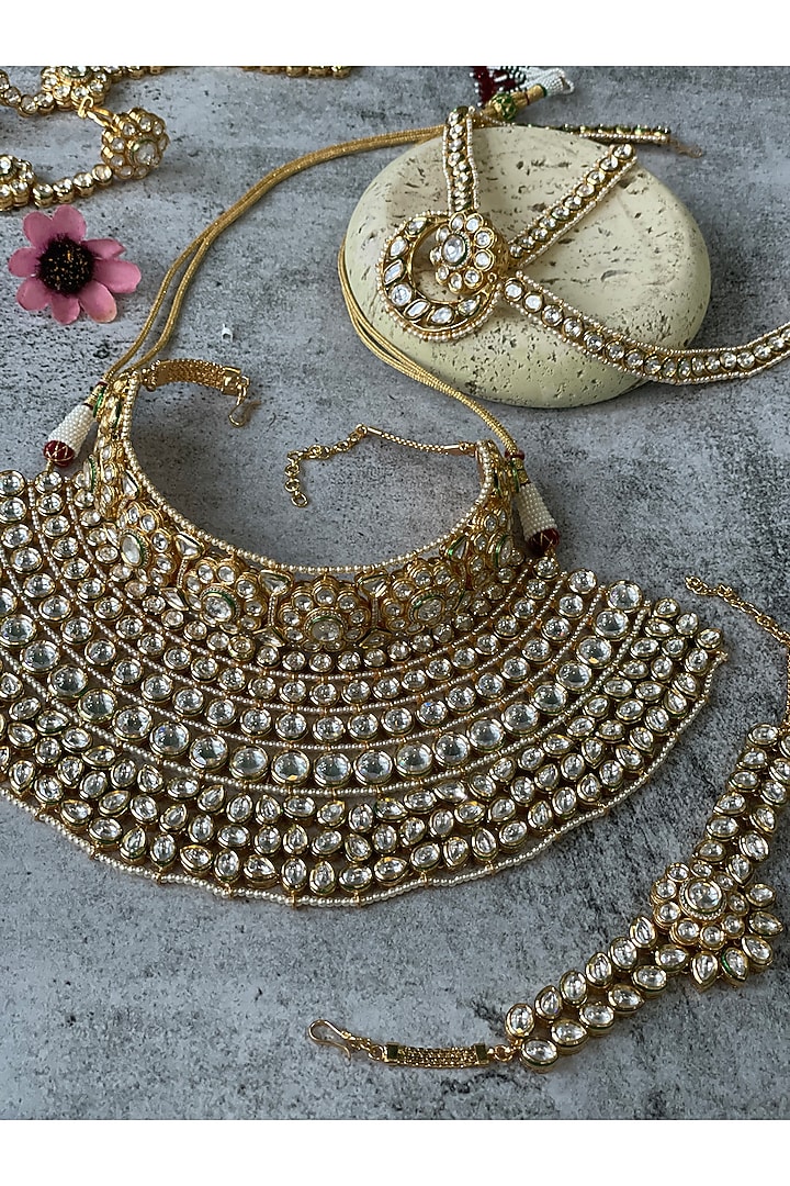 Gold Finish Kundan Polki Choker Necklace Set (Set of 7) by Studio6 Jewels at Pernia's Pop Up Shop