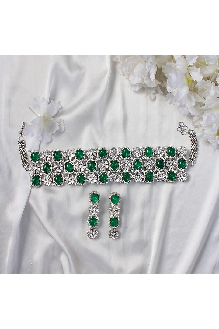 White Finish Faux Emerald & Zircon Choker Necklace Set by Studio6 Jewels at Pernia's Pop Up Shop