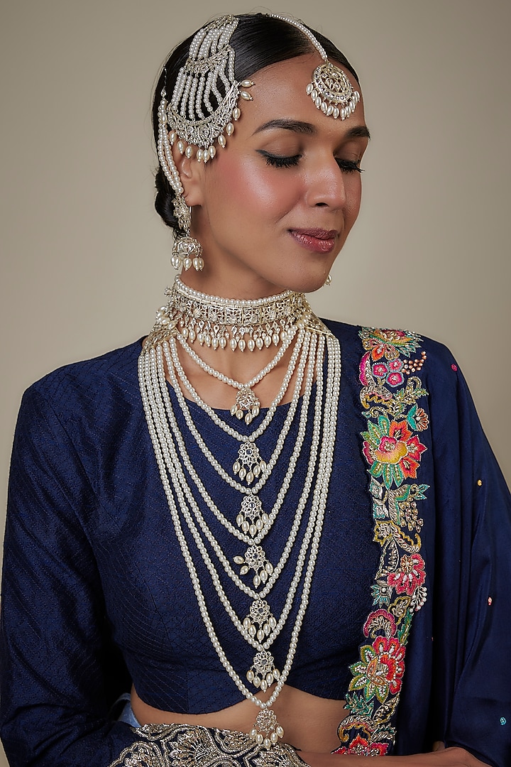 White Finish Pearl Long Layered Necklace Set by Studio6 Jewels at Pernia's Pop Up Shop