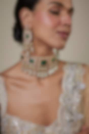 Gold Finish Green Kundan Polki & Beaded Choker Necklace Set by Studio6 Jewels at Pernia's Pop Up Shop