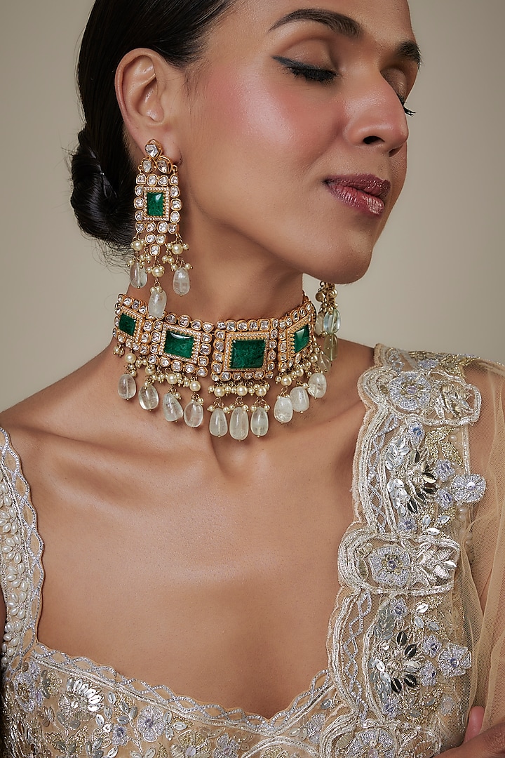 Gold Finish Green Kundan Polki & Beaded Choker Necklace Set by Studio6 Jewels at Pernia's Pop Up Shop