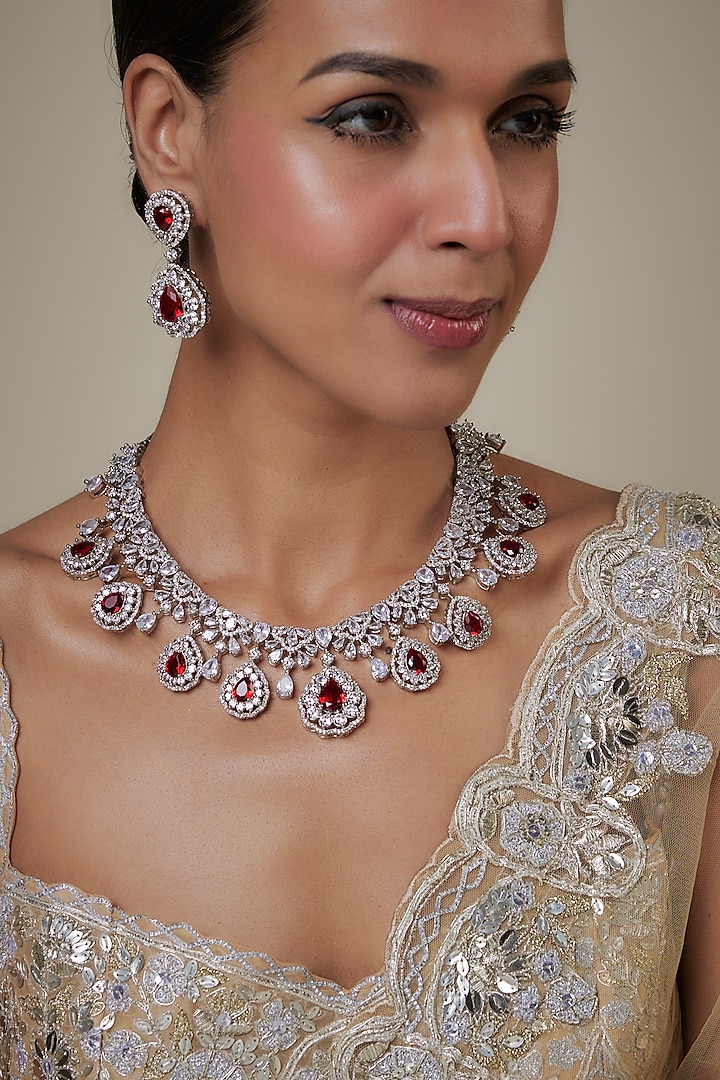 White Finish Zircon & Red Stone Necklace Set by Studio6 Jewels at Pernia's Pop Up Shop