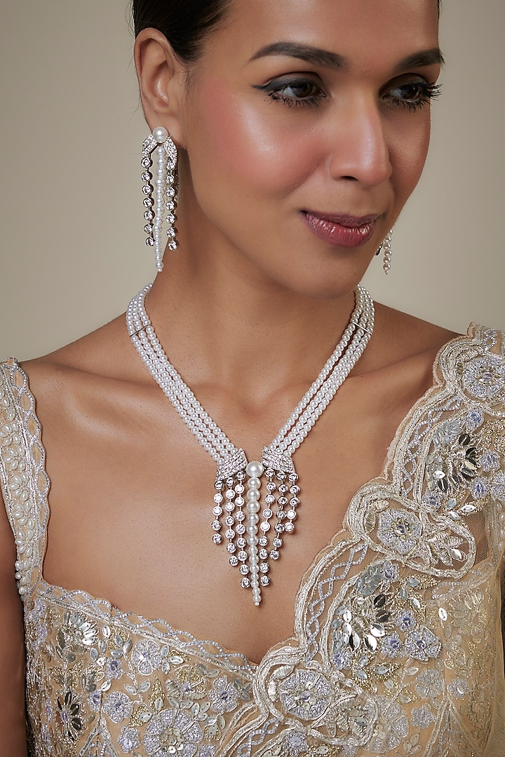 White Finish Zircon & Pearl Long Necklace Set by Studio6 Jewels at Pernia's Pop Up Shop