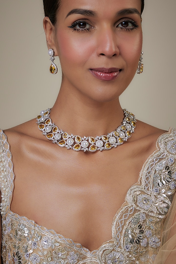 White Finish Pearl & Yellow Leaf Motifs Crystal Necklace Set by Studio6 Jewels at Pernia's Pop Up Shop