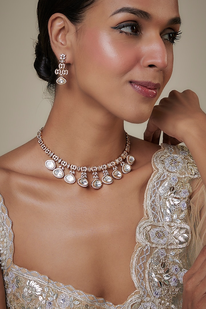 Gold Finish Kundan Polki & Faux Diamond Necklace Set by Studio6 Jewels at Pernia's Pop Up Shop