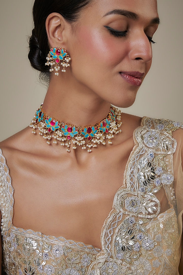 Gold Finish Pearl & Faux Turquoise Choker Necklace Set by Studio6 Jewels at Pernia's Pop Up Shop