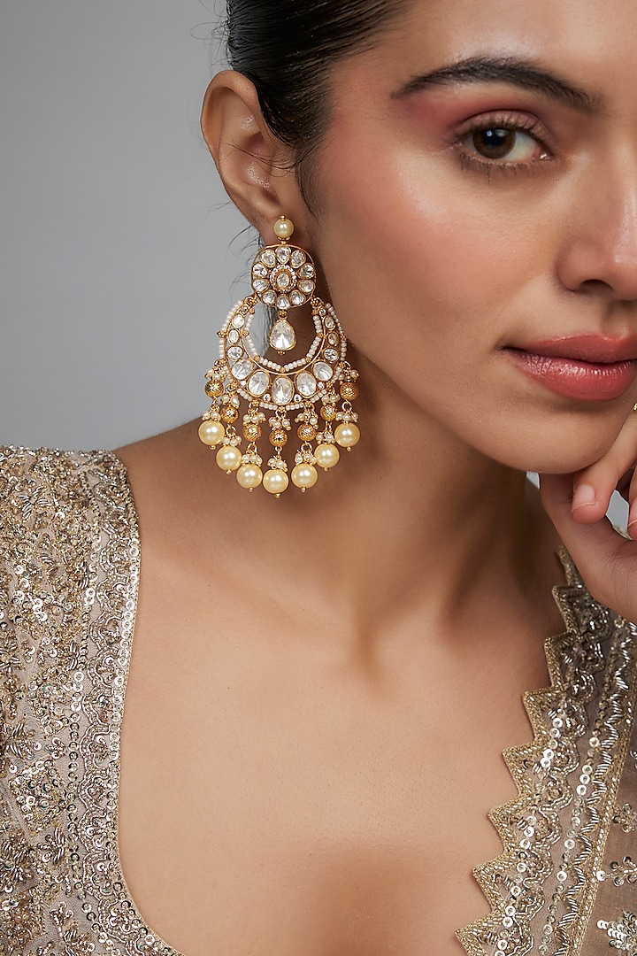 Gold Finish Kundan Polki & Pearl Chandbali Earrings by Studio6 Jewels at Pernia's Pop Up Shop