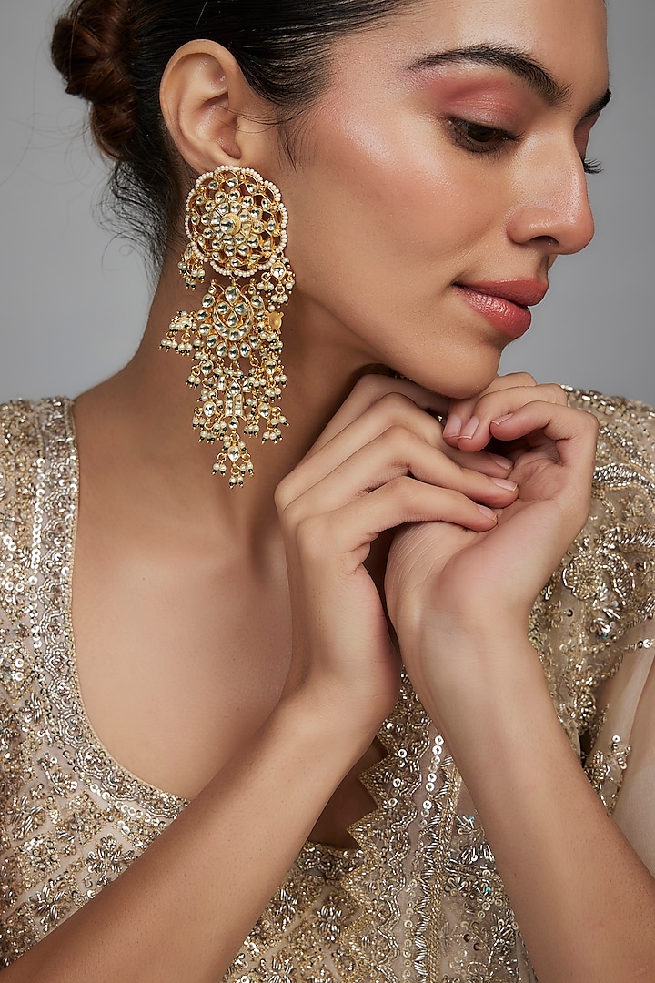 Gold Finish Kundan Polki & Beaded Layered Dangler Earrings by Studio6 Jewels at Pernia's Pop Up Shop