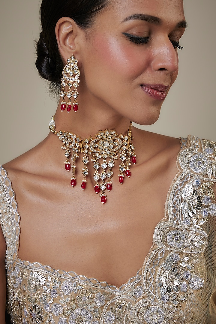 Gold Finish Pachi Kundan Polki & Red Beaded Choker Necklace Set by Studio6 Jewels at Pernia's Pop Up Shop