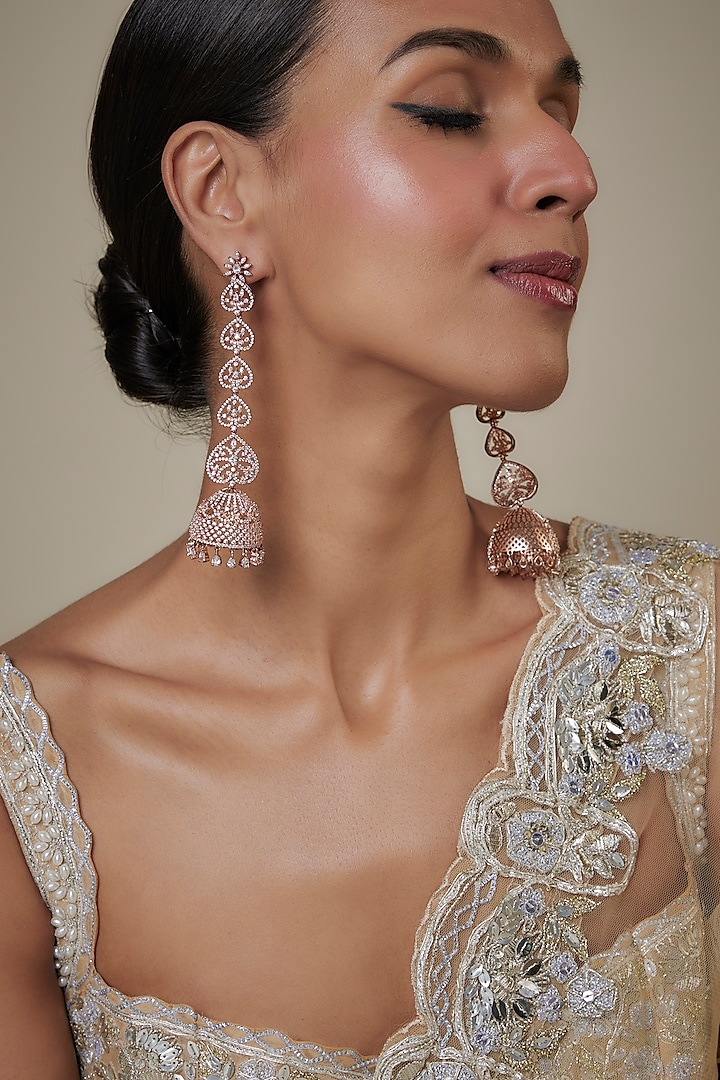 Rose Gold Finish Zircon Long Jhumka Earrings by Studio6 Jewels at Pernia's Pop Up Shop