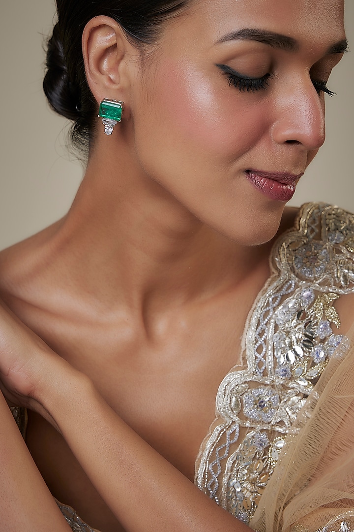 White Finish Zircon & Faux Emerald Stone Stud Earrings by Studio6 Jewels at Pernia's Pop Up Shop