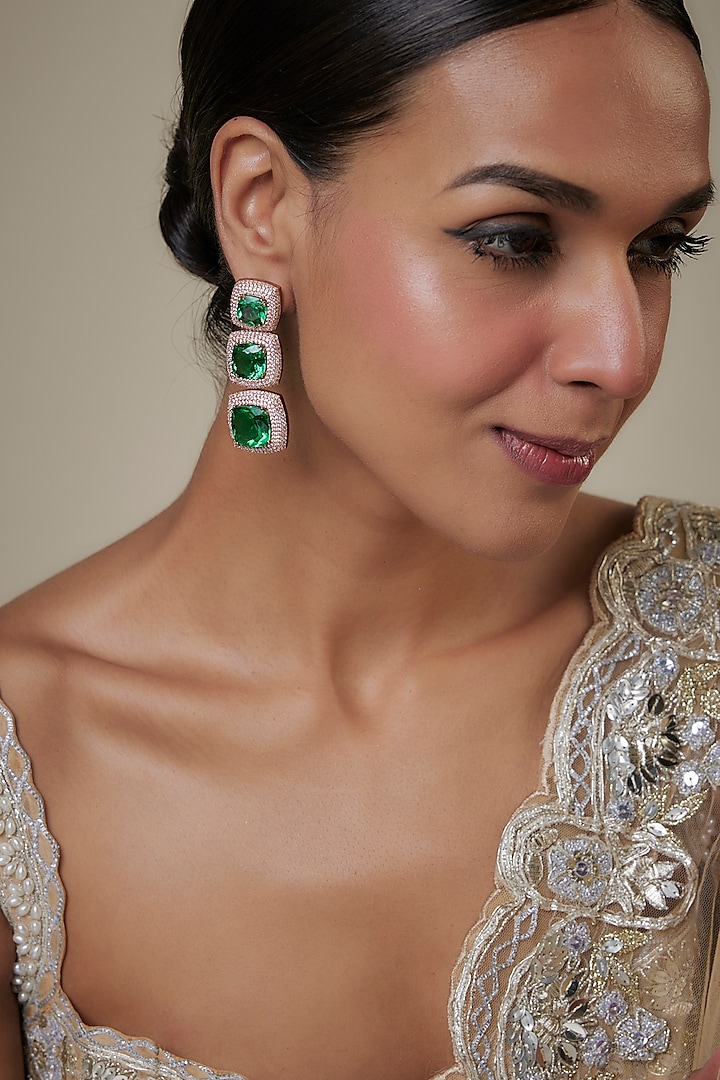 Rose Gold Finish Zircons & Green Stone Layered Earrings by Studio6 Jewels at Pernia's Pop Up Shop