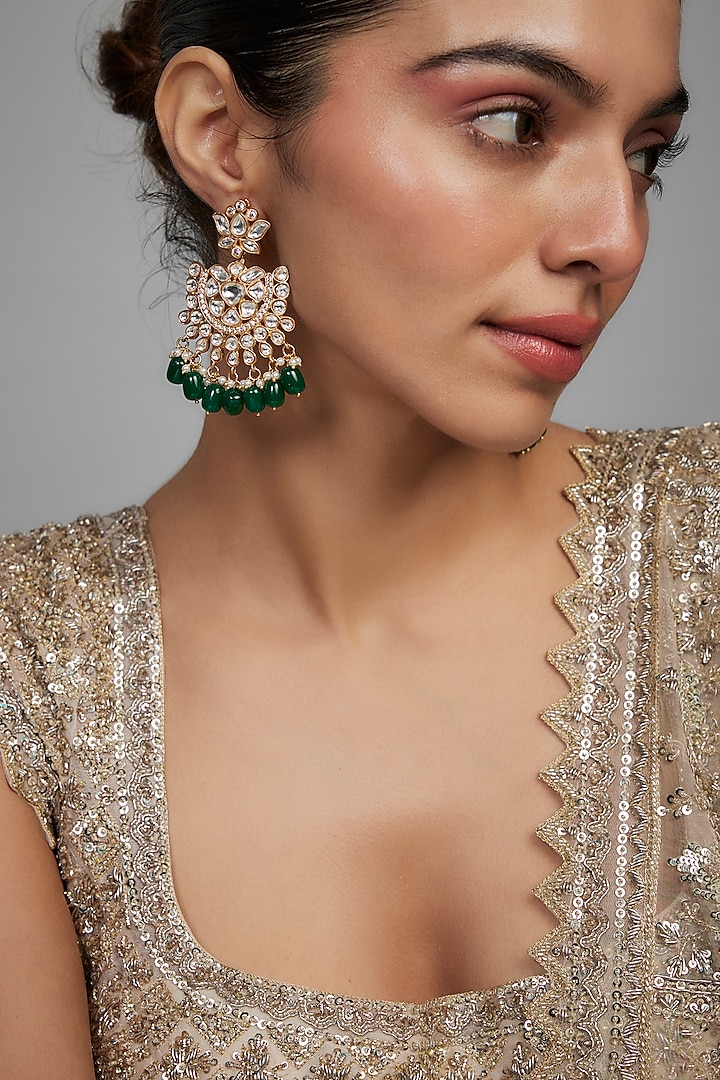 Gold Finish Kundan Polki & Green Beaded Chandbali Earrings by Studio6 Jewels at Pernia's Pop Up Shop