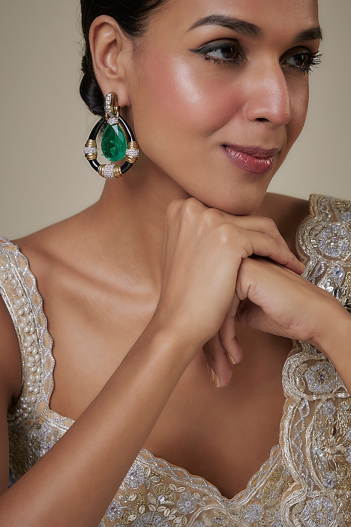 Gold Finish Zircon & Green Stone Enameled Dangler Earrings by Studio6 Jewels at Pernia's Pop Up Shop