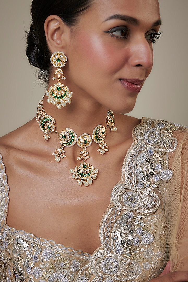 Gold Finish Kundan Polki & Green Stone Necklace Set by Studio6 Jewels at Pernia's Pop Up Shop