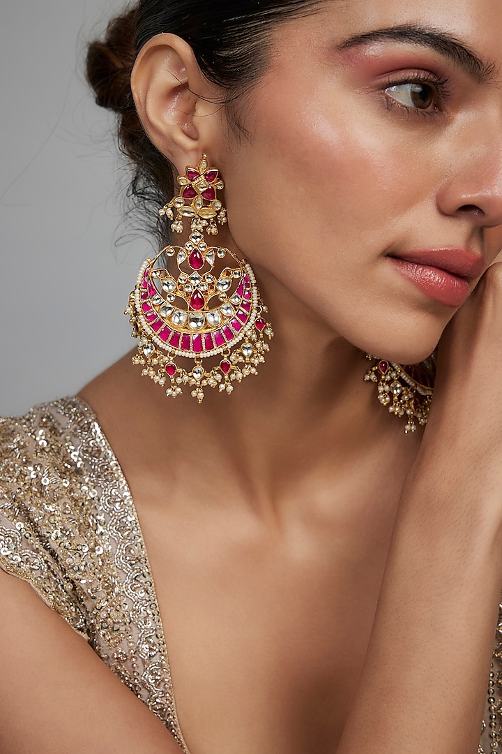 Gold Finish Pachi Kundan Polki & Multi-Colored Stone Chandbali Earrings by Studio6 Jewels at Pernia's Pop Up Shop