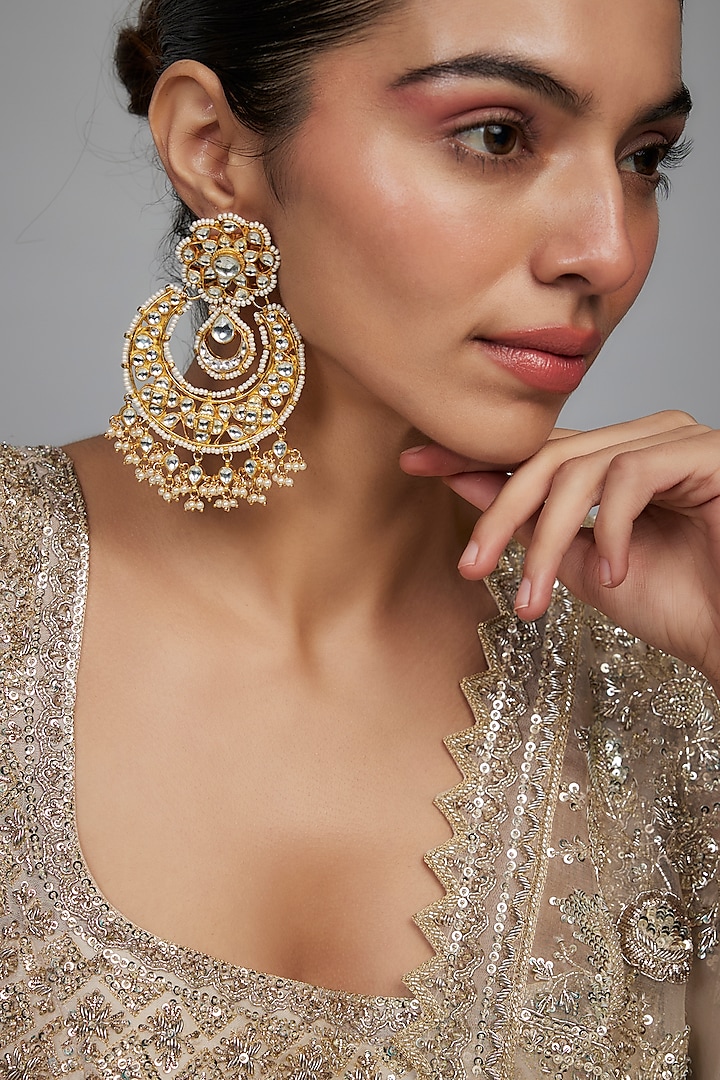 Gold Finish Kundan Polki & Pearl Chandbali Earrings by Studio6 Jewels at Pernia's Pop Up Shop