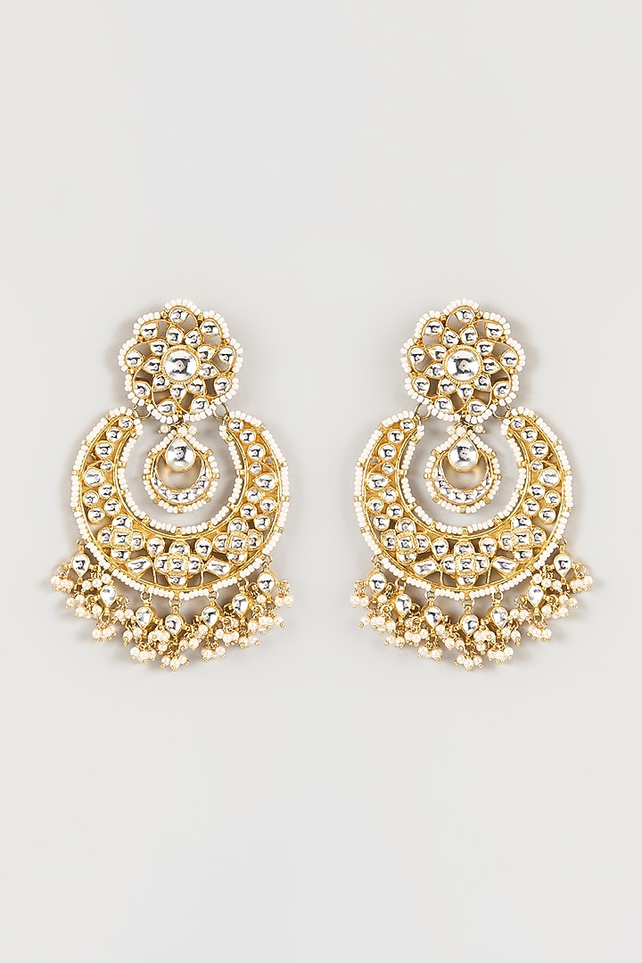 Gold Finish Kundan Polki & Pearl Chandbali Earrings by Studio6 Jewels at Pernia's Pop Up Shop