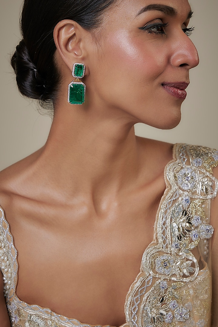 Gold Finish Zircon & Green Stone Dangler Earrings by Studio6 Jewels at Pernia's Pop Up Shop