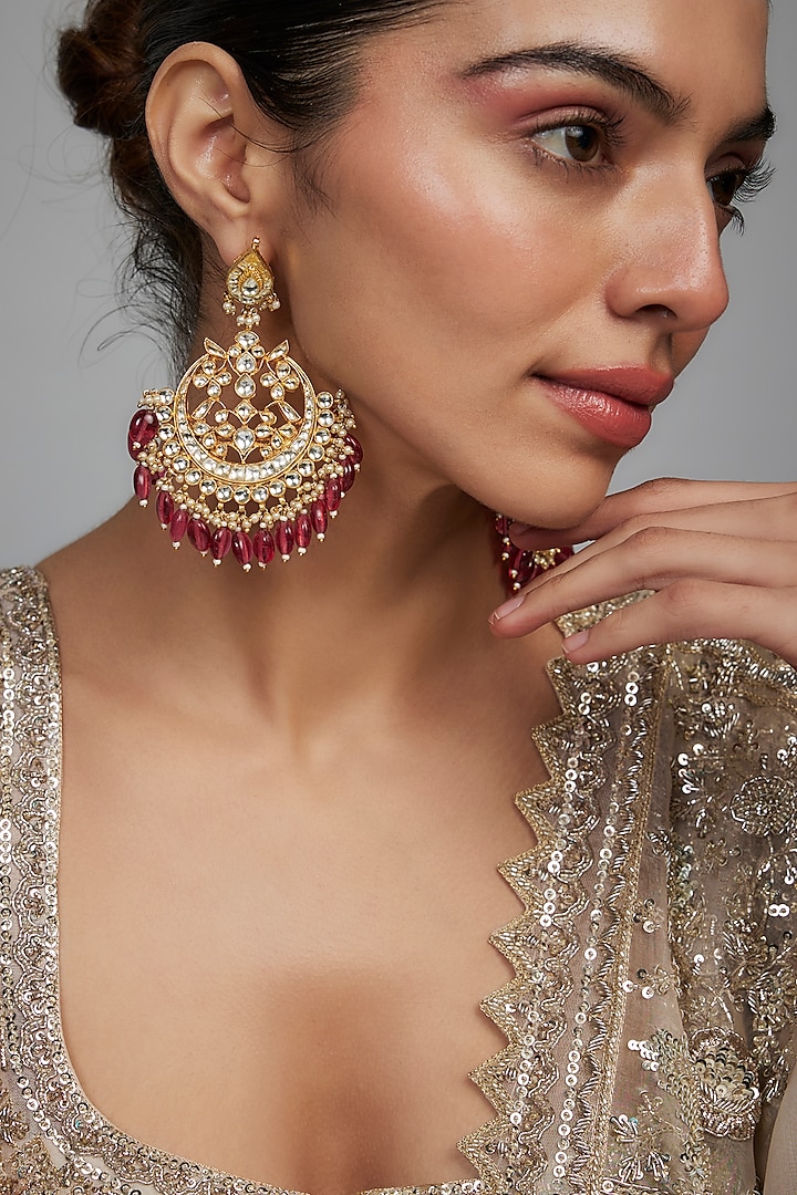 Gold Finish Kundan Polki & Red Beaded Chandbali Earrings by Studio6 Jewels at Pernia's Pop Up Shop