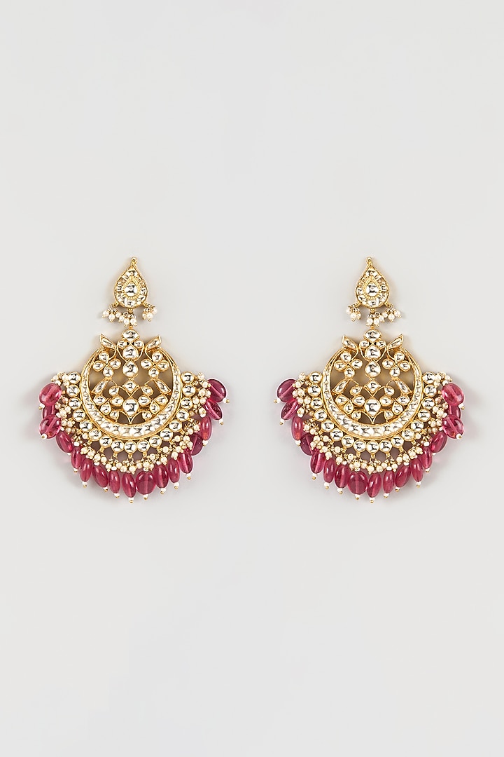 Gold Finish Kundan Polki & Red Beaded Chandbali Earrings by Studio6 Jewels at Pernia's Pop Up Shop