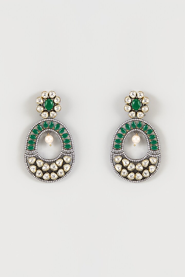Black Rhodium Finish Zircon & Green Stone Dangler Earrings by Studio6 Jewels at Pernia's Pop Up Shop