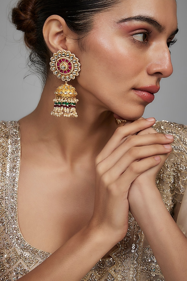 Gold Finish Kundan Polki & Beaded Jhumka Earrings by Studio6 Jewels at Pernia's Pop Up Shop