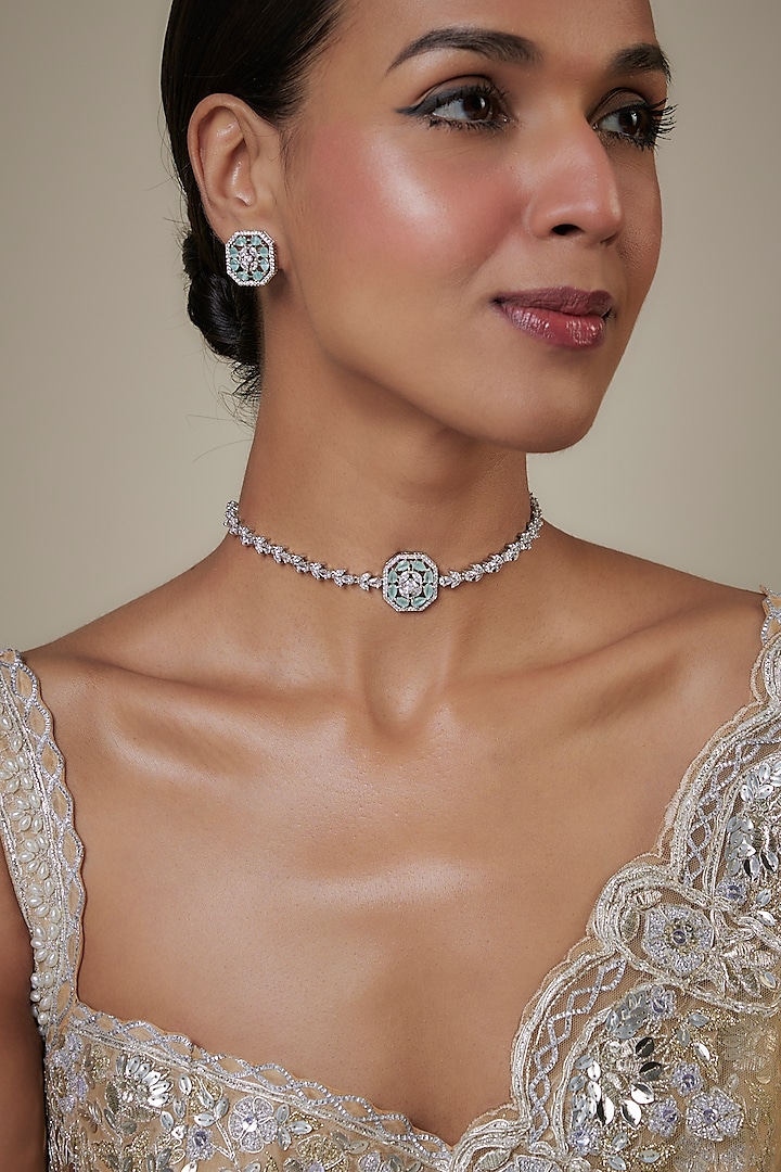 White Finish Zircon & Patel Blue Stone Necklace Set by Studio6 Jewels at Pernia's Pop Up Shop