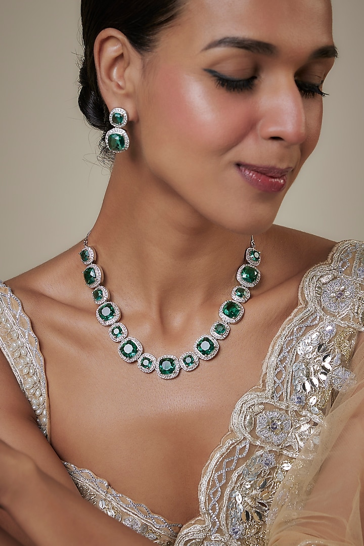 White Finish Zircon & Green Stone Necklace Set by Studio6 Jewels at Pernia's Pop Up Shop