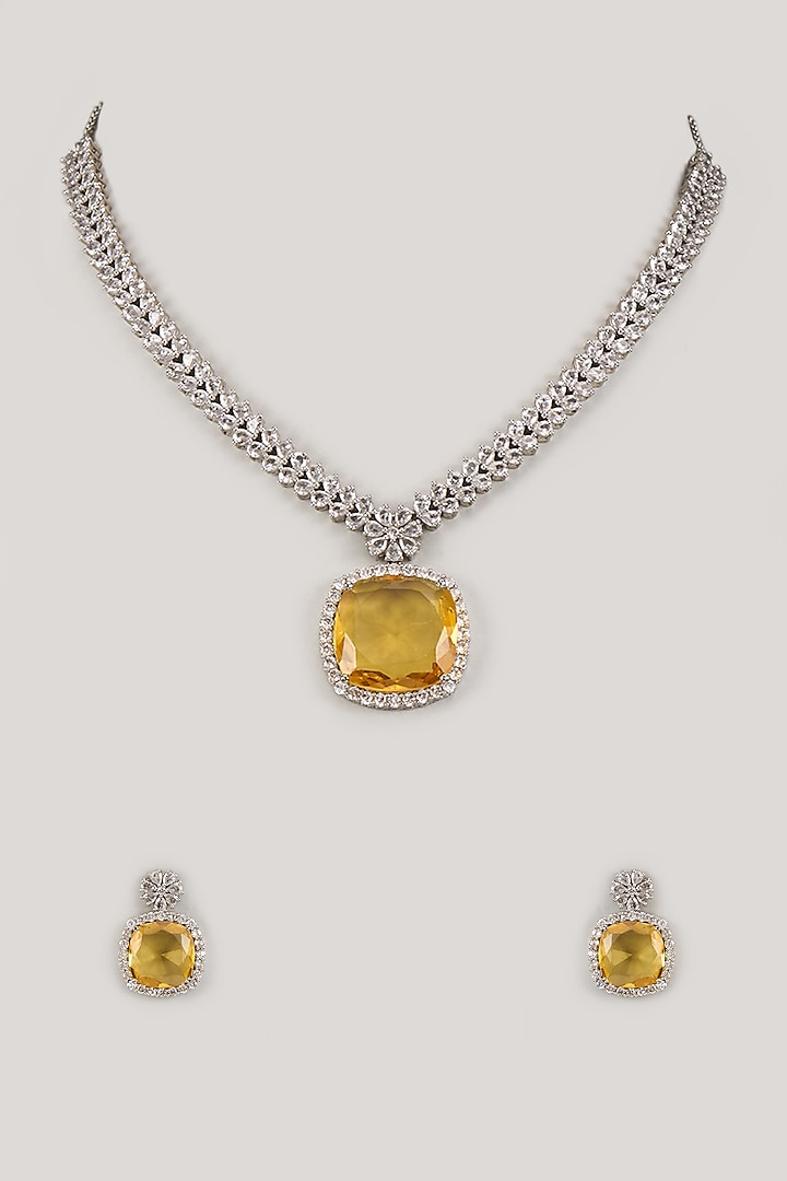 White Finish Yellow Cushion Stone & Zircon Necklace Set by Studio6 Jewels at Pernia's Pop Up Shop