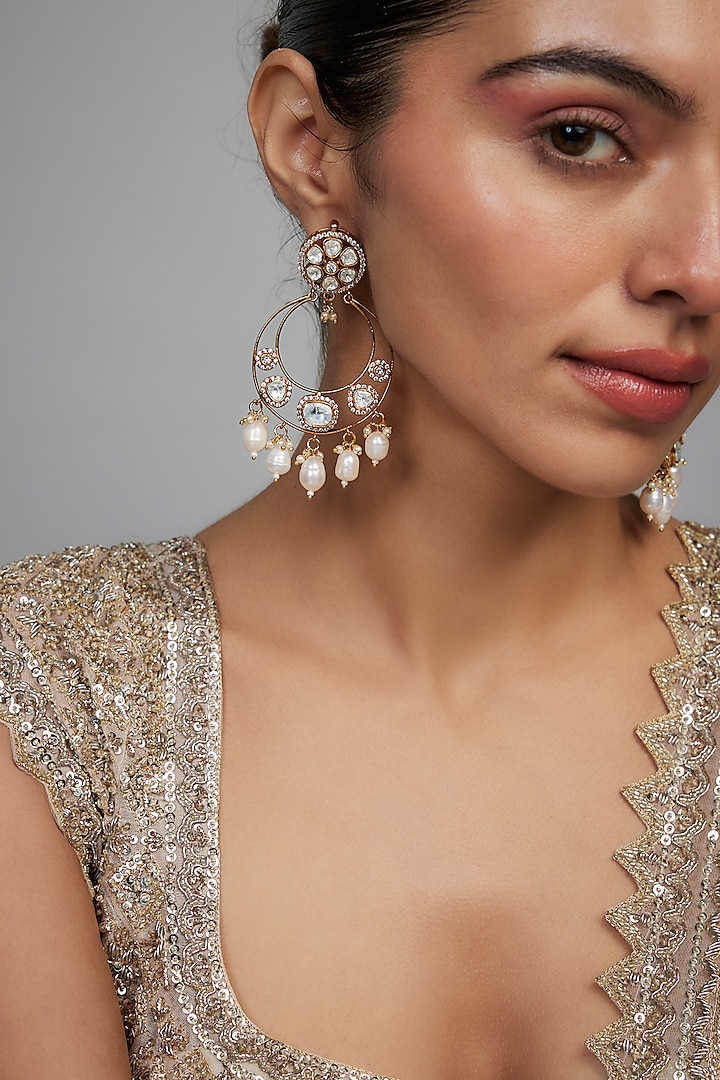 Gold Finish Kundan Polki & Pearl Chandbali Earrings by Studio6 Jewels at Pernia's Pop Up Shop