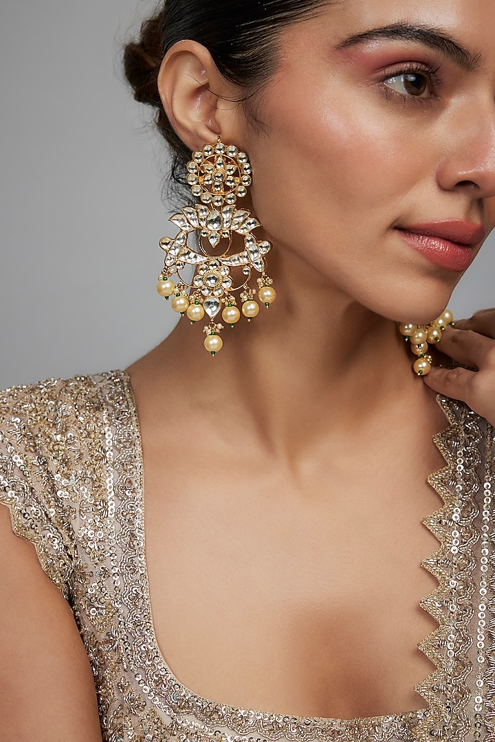 Gold Finish Kundan Polki & Pearl Chandbali Earrings by Studio6 Jewels at Pernia's Pop Up Shop