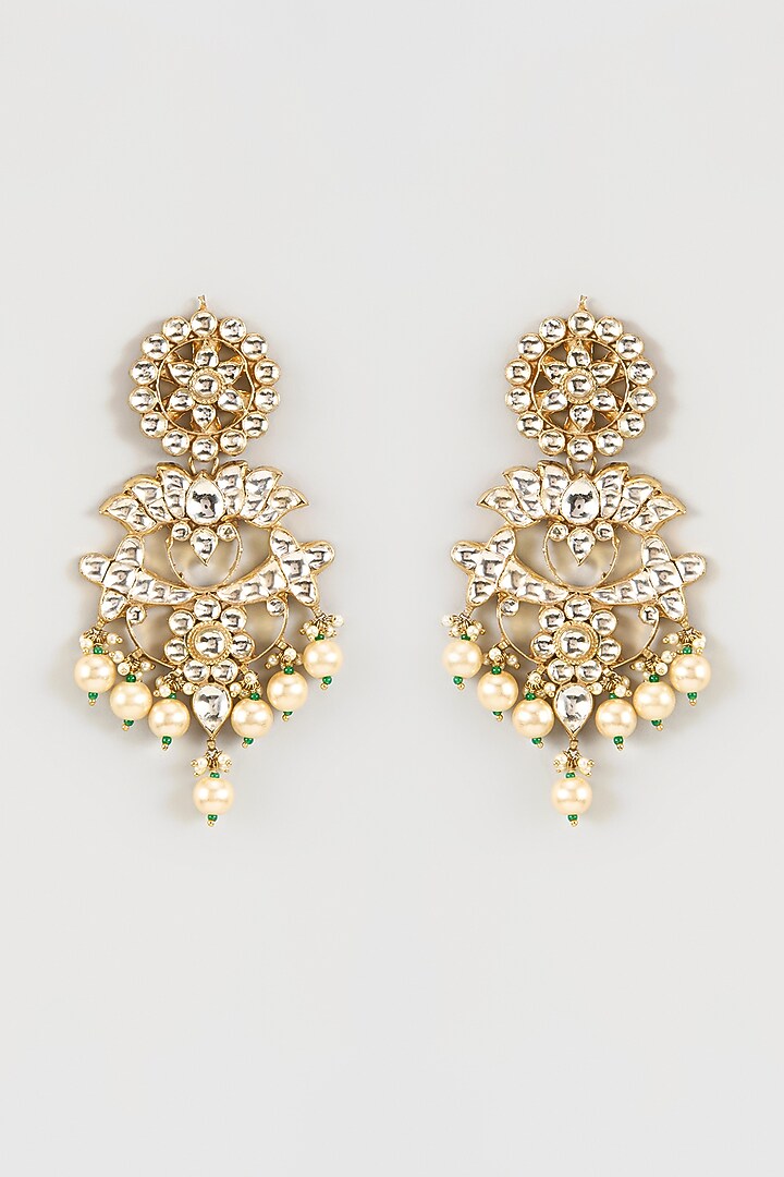 Gold Finish Kundan Polki & Pearl Chandbali Earrings by Studio6 Jewels at Pernia's Pop Up Shop