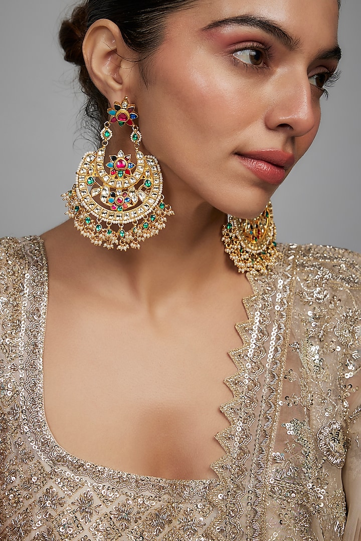 Gold Finish Kundan Polki & Multi-Colored Stone Chandbali Earrings by Studio6 Jewels at Pernia's Pop Up Shop