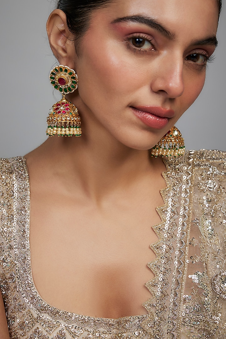 Gold Finish Kundan Polki & Multi-Colored Stone Jhumka Earrings by Studio6 Jewels at Pernia's Pop Up Shop