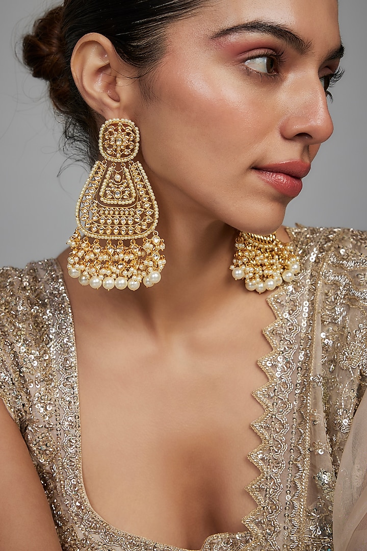 Gold Finish Kundan Polki & Pearl Dangler Earrings by Studio6 Jewels at Pernia's Pop Up Shop