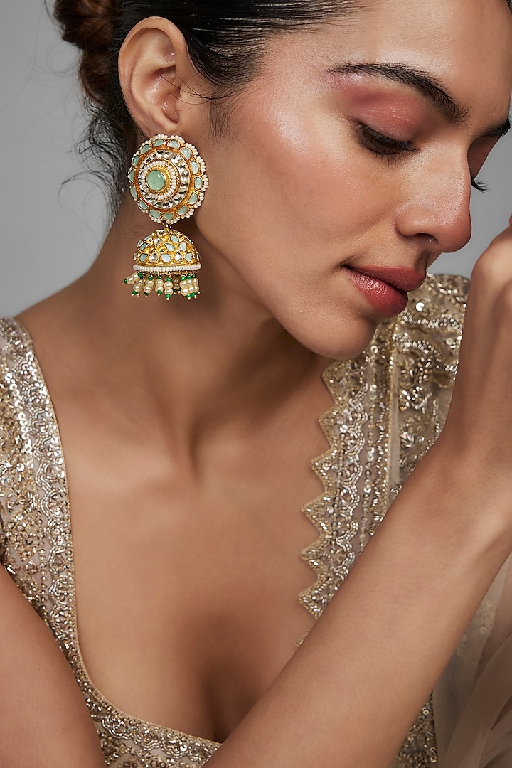 Gold Finish Kundan Polki Jhumka Earrings by Studio6 Jewels at Pernia's Pop Up Shop