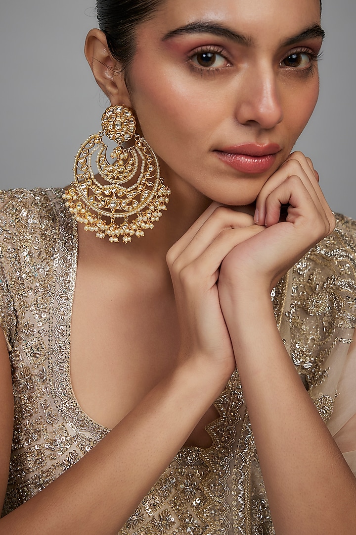 Gold Finish Kundan Polki & Pearl Chandbali Earrings by Studio6 Jewels at Pernia's Pop Up Shop