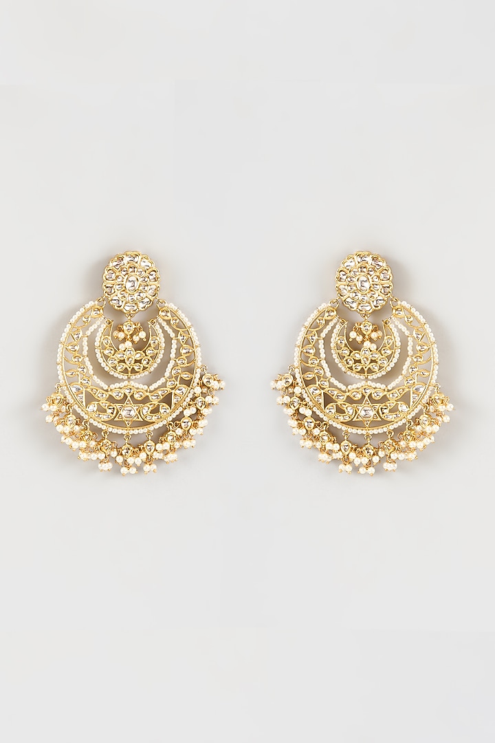 Gold Finish Kundan Polki & Pearl Chandbali Earrings by Studio6 Jewels at Pernia's Pop Up Shop
