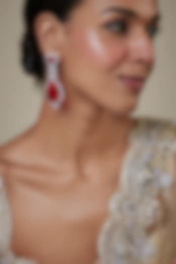 White Finish Zircon & Red Stone Dangler Earrings by Studio6 Jewels at Pernia's Pop Up Shop