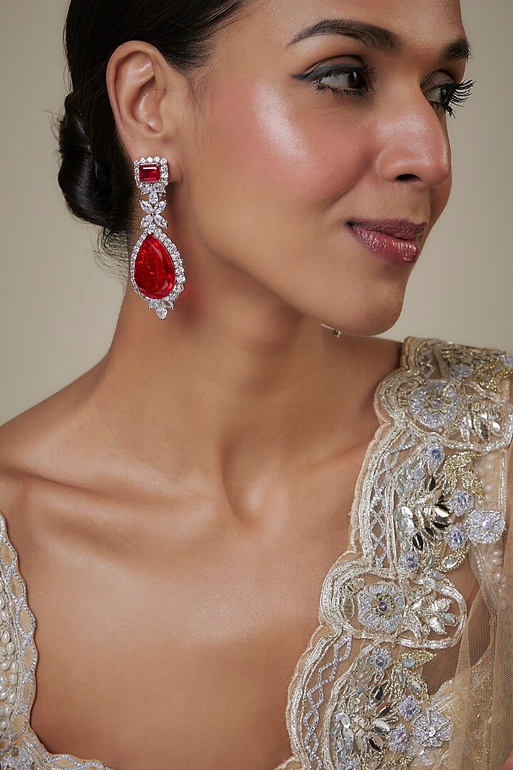 White Finish Zircon & Red Stone Dangler Earrings by Studio6 Jewels at Pernia's Pop Up Shop