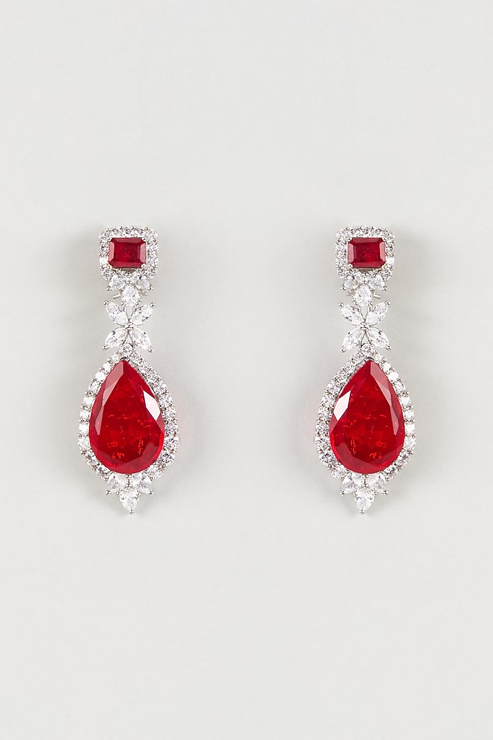 White Finish Zircon & Red Stone Dangler Earrings by Studio6 Jewels at Pernia's Pop Up Shop