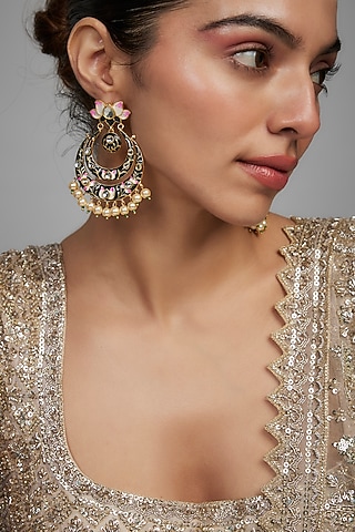 Black Rhodium Finish Kundan Polki & Pearl Dangler Earrings by Studio6 Jewels