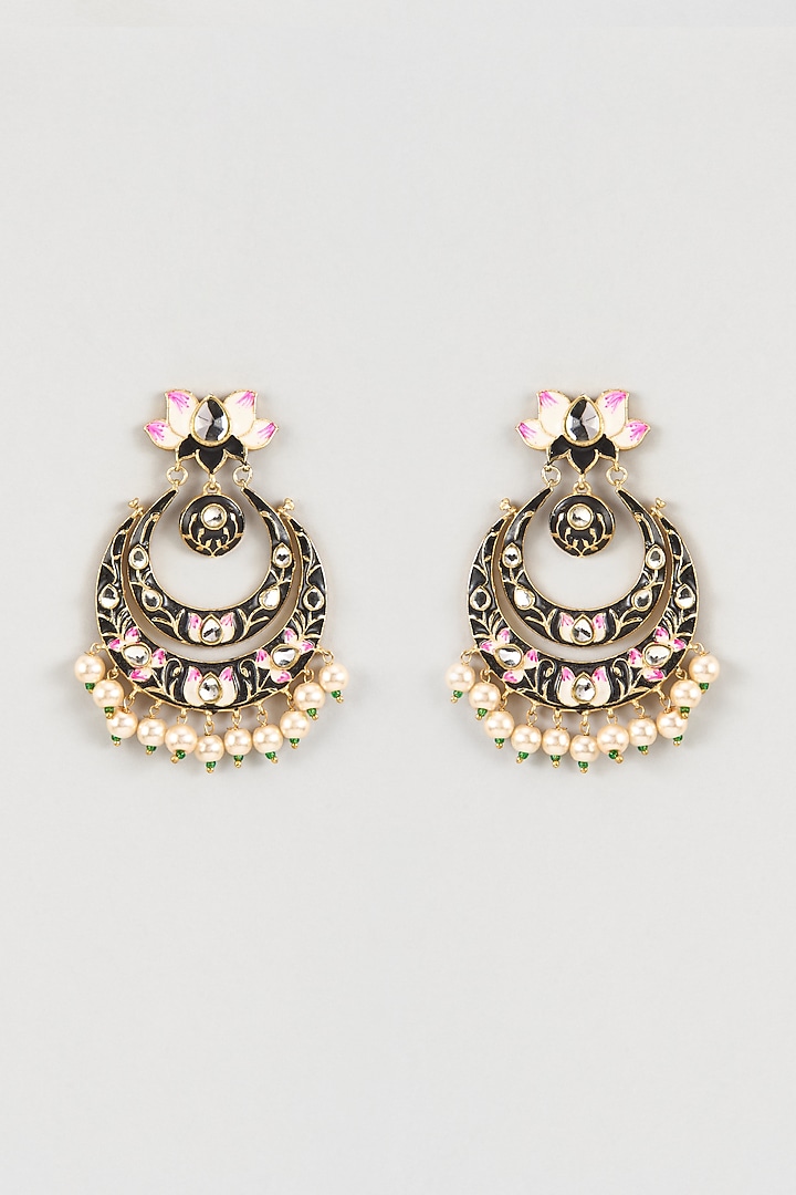 Black Rhodium Finish Kundan Polki & Pearl Dangler Earrings by Studio6 Jewels at Pernia's Pop Up Shop