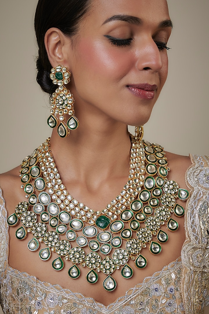 Gold Finish Kundan Polki & Green Enameled Necklace Set by Studio6 Jewels at Pernia's Pop Up Shop