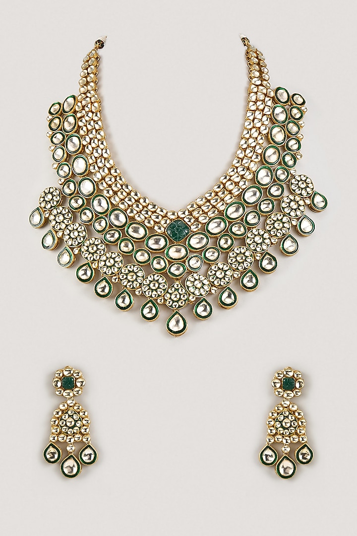 Gold Finish Kundan Polki & Green Enameled Necklace Set by Studio6 Jewels at Pernia's Pop Up Shop