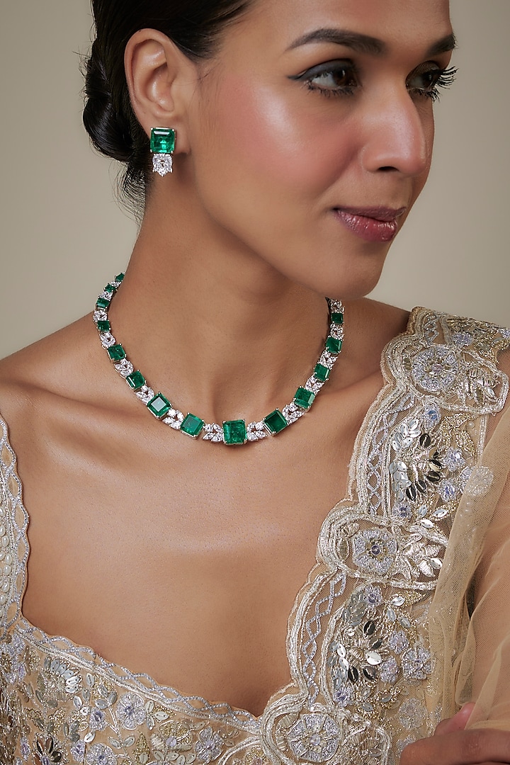 White Finish Emerald & Zircon Necklace Set by Studio6 Jewels at Pernia's Pop Up Shop