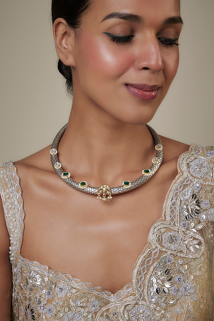 Black Rhodium Finish Kundan Polki & Red Stone Hasli Necklace by Studio6 Jewels at Pernia's Pop Up Shop