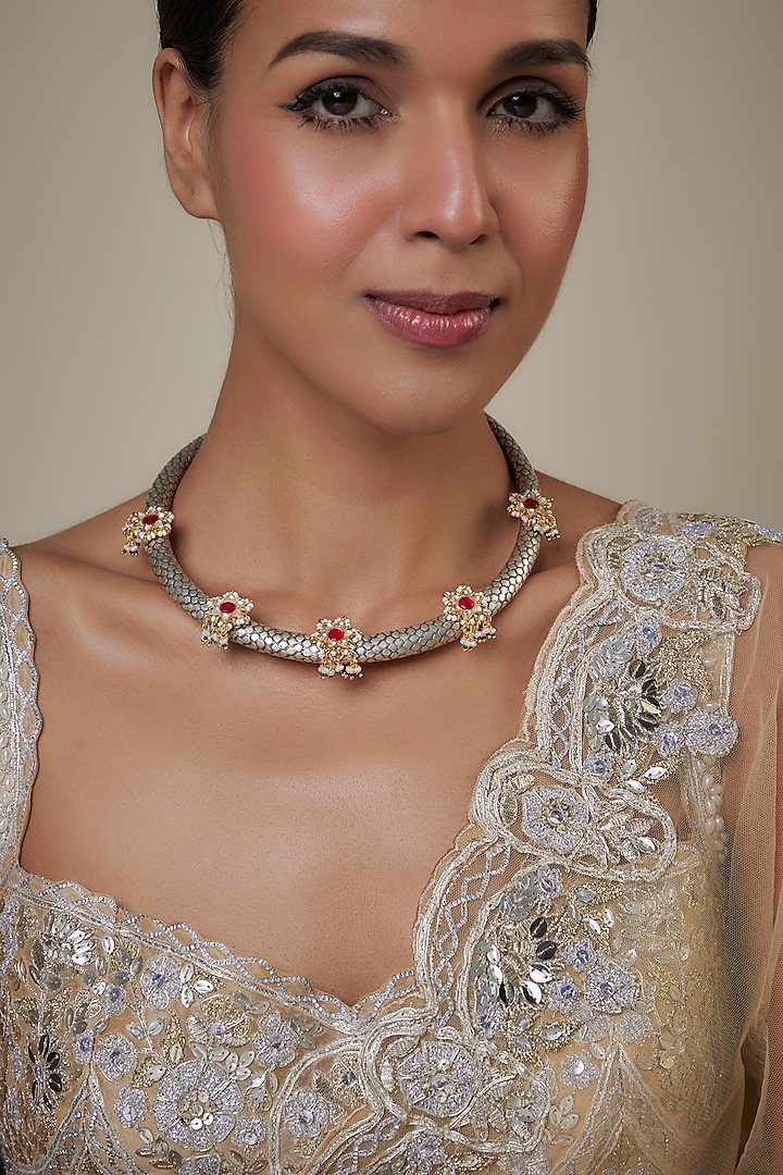 Black Rhodium Finish Kundan Polki Hasli Necklace by Studio6 Jewels at Pernia's Pop Up Shop